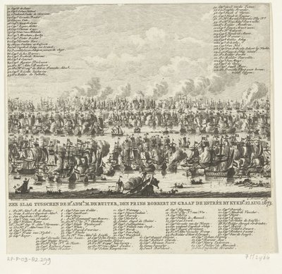 Slaget ved Kijkduin, 1673 Sjøkamp mellom Hr. admin. M. de Ruiter, Prins Robbert og grev de Estrée av Kykdn. 21. august 1673 (tittel på objekt) av Cornelis Brouwer