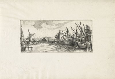 Utsikt over en havn med sluse Landskap (serietittel) av Cornelis Claesz van Wieringen (possibly)