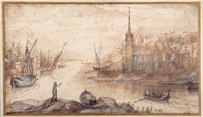 En havnescene med skipsfart og en kirke ved solnedgang (penn og brunt blekk med brun vask på papir) av Cornelis Claesz  van Wieringen