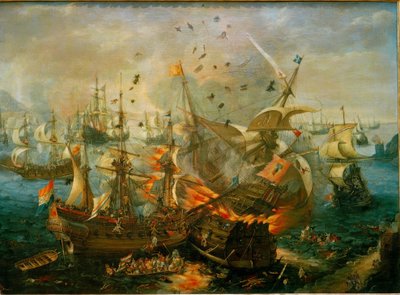 Eksplosjonen av det spanske admiralskipet (...) av Cornelis Claesz  van Wieringen