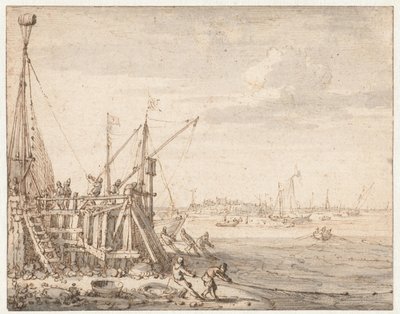 Havnehode med fiskere som drar inn garnene sine av Cornelis Claesz  van Wieringen