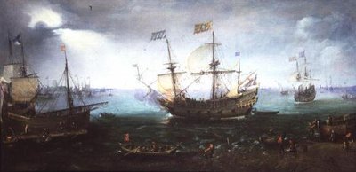 Tre mestere avfyrer en salutt på Maas ved Dordrecht av Cornelis Claesz  van Wieringen