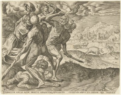 Hercules dreper Geryon og hunden hans Labours of Hercules (serietittel) av Cornelis Cort