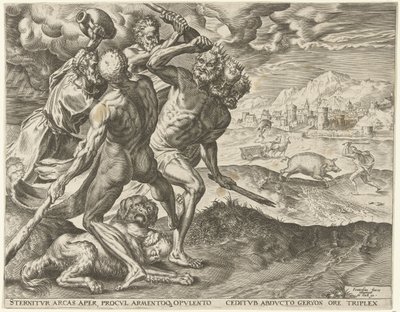 Hercules dreper Geryon og hunden hans Labours of Hercules (serietittel) av Cornelis Cort