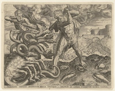 Hercules erobrer hydraen til Lerna Labours of Hercules (serietittel) av Cornelis Cort