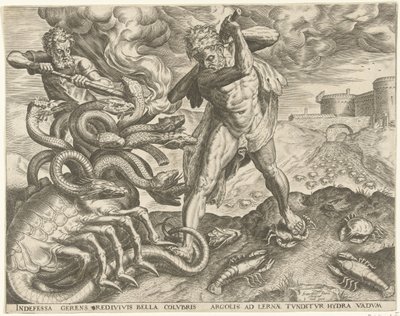 Hercules erobrer hydraen til Lerna Labours of Hercules (serietittel) av Cornelis Cort
