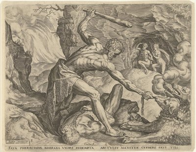 Hercules Drags Cerberus Out of Hell Labours of Hercules (serietittel) av Cornelis Cort