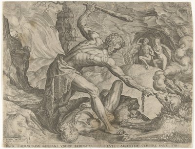 Herkules drar Cerberus ut av helvete Labours of Hercules (serietittel) av Cornelis Cort
