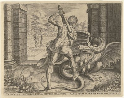 Herkules stjeler de gylne eplene til Hesperidene Labours of Hercules (serietittel) av Cornelis Cort