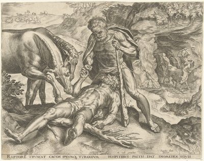 Hercules mater Diomedes til hestene sine Labours of Hercules (serietittel) av Cornelis Cort