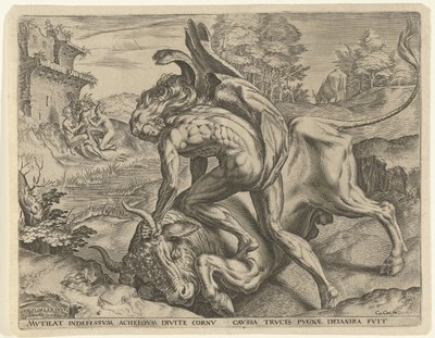 Hercules Wrestling with Acheloüs Labours of Hercules (serietittel) av Cornelis Cort