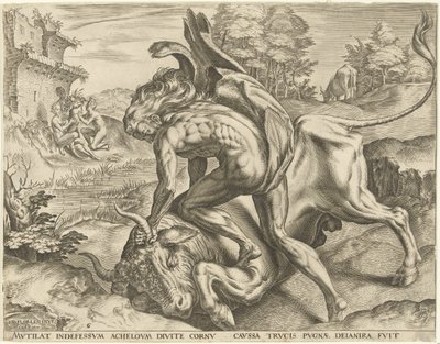 Hercules bryter med Achelous Labours of Hercules (serietittel) av Cornelis Cort