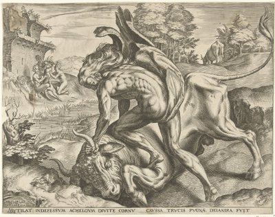 Hercules bryter med Achelous Labours of Hercules (serietittel) av Cornelis Cort