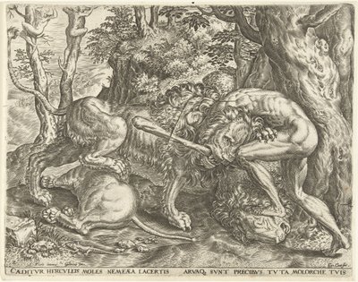 Hercules kveler Nemean-løven Labours of Hercules (serietittel) av Cornelis Cort