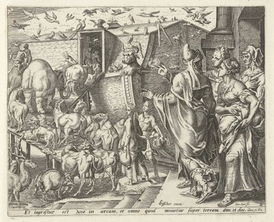 Noah går ombord i arken med familien sin og dyrene History of Noah (serietittel) av Cornelis Cort