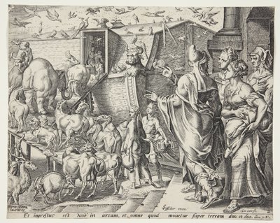 Noah, familien hans og dyrene som går ombord i arken av Cornelis Cort