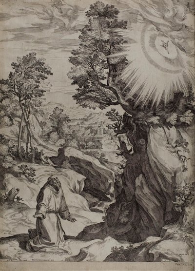 Saint Francis Penitent i et stort landskap av Cornelis Cort