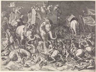 Slaget ved Zama mellom Scipio og Hannibal, om natten av Cornelis Cort