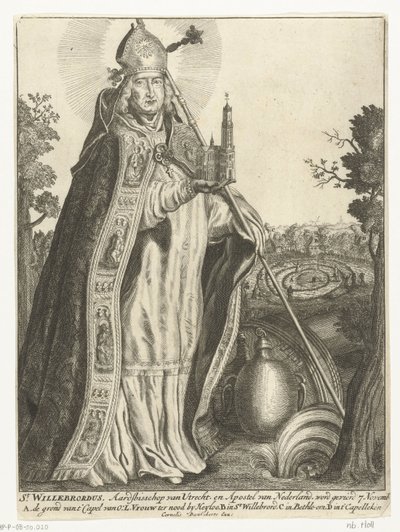 Saint Willibrord som erkebiskop med kirkemodell av Dom i Utrecht St. Willebrord (tittel på objekt) av Cornelis Danckerts (I)