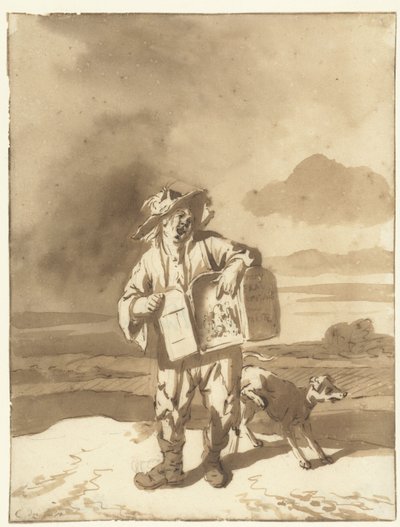 En ung mann med et kikkshow og en hund Gutt med visningsboks og hund, ca. 1700 av Cornelis Dusart
