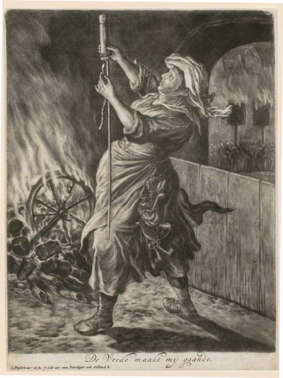 En kvinne tenner en lysrakett, blad 5 fra serien «Allmenn glede over beleiringen av Namur ved Vilhelm III, 1695» av Cornelis Dusart