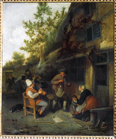 Bønder foran en taverna (maleri på eik) av Cornelis Dusart