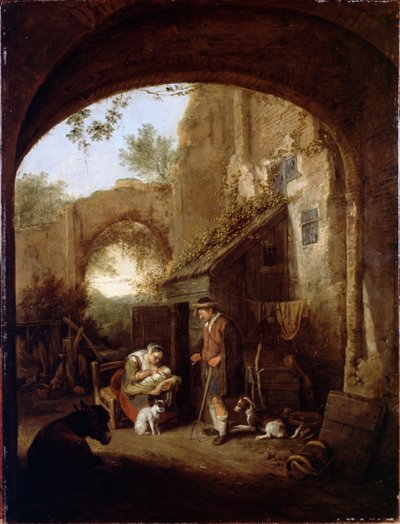 Figurer på gårdsplassen til en gammel bygning av Cornelis Dusart