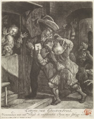 Lotteriet av Grootebroek, 1694 Lottery van Groottenbroek, Utstiller med hvilken glede den hensynsfulle Prysen tuys be brogt (tittel på objekt) av Cornelis Dusart
