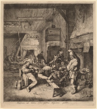 Fiolinspiller sitter i en taverna av Cornelis Dusart