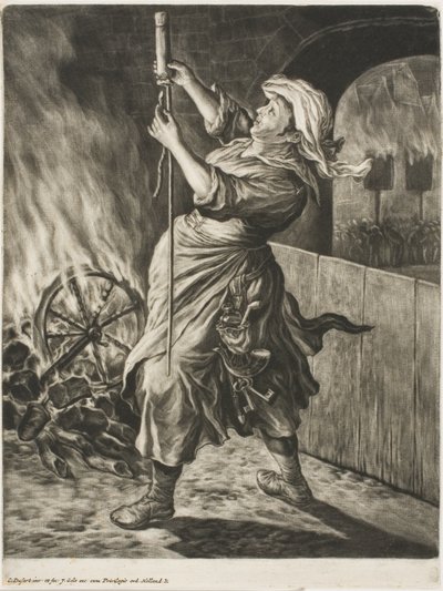 Woman Lighting a Rocket, også kalt Peace Gets Me Going, fra Communia Gaudia (The Wide-Spread Rejoicing at the Siege of Namur) av Cornelis Dusart
