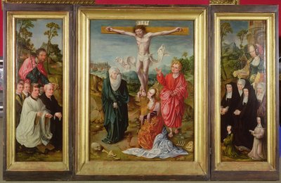 Triptych of the Crucifixion: St. Barbara med givere (høyre ving); St. Jakob den større med givere (venstre fløy); Korsfestelsen (i midten) av Cornelis Engebrechtsz
