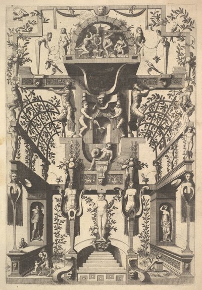 Fantastic Architecture Structure with Strapwork and Two Pergolas and a Small Scene with Vu..., 1557.    1181249   no       norwegian Successfully Translated  Original: Landscape Garden Estate. Translat: Landscape Garden Estate. 1202985 no norwegian Success av Cornelis Floris Ii