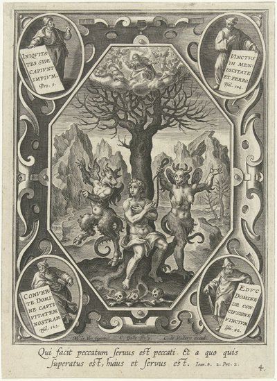 En ung mann er lenket til et tre av to djevler av Cornelis Galle (I)