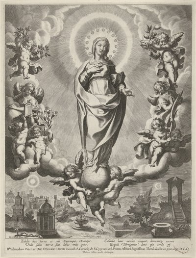 Maria på en jordklode, omgitt av engler av Cornelis Galle (I)