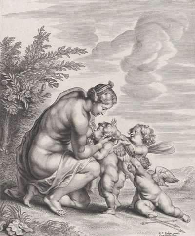 Venus som ammer tre amoriner i et landskap, ca. 1627-78. av Cornelis Galle II