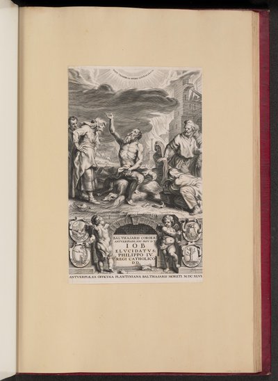 Tittelside for Balthasar Cordier, Iob Elvcidatvs av Cornelis Galle II after Abraham van Diepenbeeck
