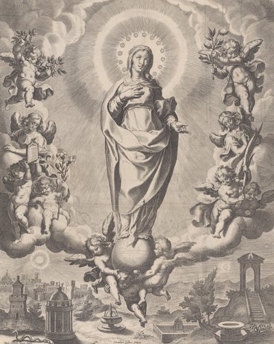 Jomfruen i herlighet, stående på skyer og omgitt av engler som holder symbolene ..., 1595-1633. av Cornelis Galle I