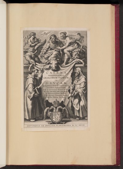 Tittelside for Balthasar Cordier, Chain of Sixty Qvinqve Graecorvm Patrvm i S. Lvcam... av Cornelis Galle I after Sir Peter Paul Rubens