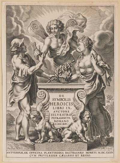Tittelside for Silvester Pietrasanta, om heroiske symboler av Cornelis Galle I after Sir Peter Paul Rubens