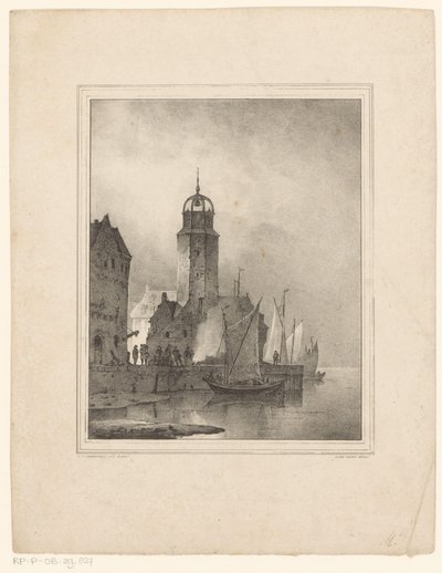 Seilbåter legger til kai i byen av Cornelis Gerrit Verburgh