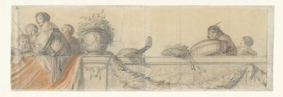 Folk på en balustrade med festonger Design for veggmalerier i Honselaersdijk Castle (serietittel) av Cornelis Holsteyn