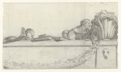 Folk på en balustrade med festonger Design for veggmalerier i Honselaersdijk Castle (serietittel) av Cornelis Holsteyn