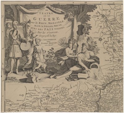 Kart over regionen øst og sør for Brussel og fylket Namur (blad øverst til venstre) Carte de la Meuse eller Téâtre de la Guerre sur le Rhein, Moessele, Mayn, le Necker, Meuse avec les pais voisins (tittel på objekt) av Cornelis Huyberts
