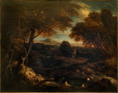 Bredt klassisk landskap med badefigurer i forgrunnen av Cornelis Huysmans