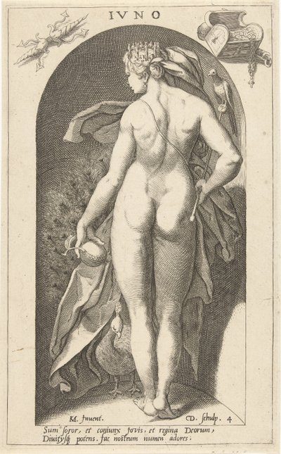 Juno med påfugl Ivno (tittel på objekt) Ancient Gods (serietittel) av Cornelis Jacobsz. Drebbel