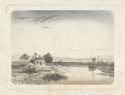Elvelandskap med hus og seilbåt Seks landskap (serietittel) av Cornelis Jan Bolt