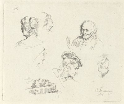 Studieark med ulike overskrifter av Cornelis Kruseman