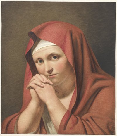 Kvinne i rødt, med foldede hender av Cornelis Kruseman