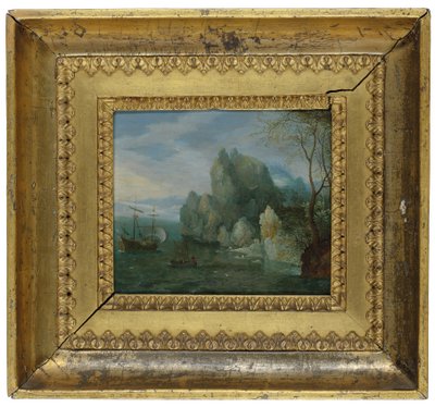Et steinete kystlandskap med figurer i kysten og en fortøyd bysse (olje på kobber) av Cornelis Liefrinck
