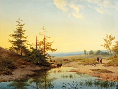 Et myrland med figurer og storfe ved en dam av Cornelis Lieste
